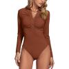 imageLYANER Womens Rib Knit Collar Deep V Neck Ruched Buttons Long Sleeve Bodysuit Leotard TopBurnt Orange