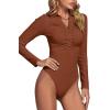 imageLYANER Womens Rib Knit Collar Deep V Neck Ruched Buttons Long Sleeve Bodysuit Leotard TopBurnt Orange