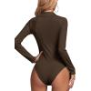 imageLYANER Womens Rib Knit Collar Deep V Neck Ruched Buttons Long Sleeve Bodysuit Leotard TopDark Brown