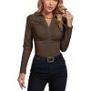 imageLYANER Womens Rib Knit Collar Deep V Neck Ruched Buttons Long Sleeve Bodysuit Leotard TopDark Brown
