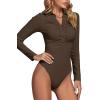 imageLYANER Womens Rib Knit Collar Deep V Neck Ruched Buttons Long Sleeve Bodysuit Leotard TopDark Brown