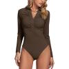 imageLYANER Womens Rib Knit Collar Deep V Neck Ruched Buttons Long Sleeve Bodysuit Leotard TopDark Brown
