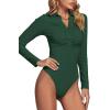 imageLYANER Womens Rib Knit Collar Deep V Neck Ruched Buttons Long Sleeve Bodysuit Leotard TopDark Green