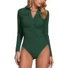 imageLYANER Womens Rib Knit Collar Deep V Neck Ruched Buttons Long Sleeve Bodysuit Leotard TopDark Green