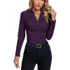 imageLYANER Womens Rib Knit Collar Deep V Neck Ruched Buttons Long Sleeve Bodysuit Leotard TopDark Purple