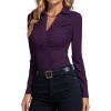 imageLYANER Womens Rib Knit Collar Deep V Neck Ruched Buttons Long Sleeve Bodysuit Leotard TopDark Purple