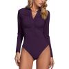 imageLYANER Womens Rib Knit Collar Deep V Neck Ruched Buttons Long Sleeve Bodysuit Leotard TopDark Purple