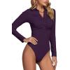 imageLYANER Womens Rib Knit Collar Deep V Neck Ruched Buttons Long Sleeve Bodysuit Leotard TopDark Purple
