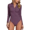 imageLYANER Womens Rib Knit Collar Deep V Neck Ruched Buttons Long Sleeve Bodysuit Leotard TopDeep Purple
