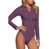 imageLYANER Womens Rib Knit Collar Deep V Neck Ruched Buttons Long Sleeve Bodysuit Leotard TopDeep Purple