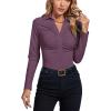 imageLYANER Womens Rib Knit Collar Deep V Neck Ruched Buttons Long Sleeve Bodysuit Leotard TopDeep Purple