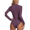 imageLYANER Womens Rib Knit Collar Deep V Neck Ruched Buttons Long Sleeve Bodysuit Leotard TopDeep Purple
