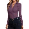 imageLYANER Womens Rib Knit Collar Deep V Neck Ruched Buttons Long Sleeve Bodysuit Leotard TopDeep Purple