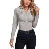 imageLYANER Womens Rib Knit Collar Deep V Neck Ruched Buttons Long Sleeve Bodysuit Leotard TopGrey