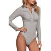imageLYANER Womens Rib Knit Collar Deep V Neck Ruched Buttons Long Sleeve Bodysuit Leotard TopGrey