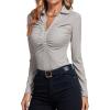 imageLYANER Womens Rib Knit Collar Deep V Neck Ruched Buttons Long Sleeve Bodysuit Leotard TopGrey