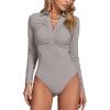 imageLYANER Womens Rib Knit Collar Deep V Neck Ruched Buttons Long Sleeve Bodysuit Leotard TopGrey
