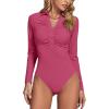 imageLYANER Womens Rib Knit Collar Deep V Neck Ruched Buttons Long Sleeve Bodysuit Leotard TopHot Pink