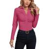 imageLYANER Womens Rib Knit Collar Deep V Neck Ruched Buttons Long Sleeve Bodysuit Leotard TopHot Pink