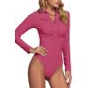imageLYANER Womens Rib Knit Collar Deep V Neck Ruched Buttons Long Sleeve Bodysuit Leotard TopHot Pink