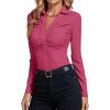 imageLYANER Womens Rib Knit Collar Deep V Neck Ruched Buttons Long Sleeve Bodysuit Leotard TopHot Pink
