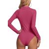 imageLYANER Womens Rib Knit Collar Deep V Neck Ruched Buttons Long Sleeve Bodysuit Leotard TopHot Pink