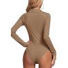 imageLYANER Womens Rib Knit Collar Deep V Neck Ruched Buttons Long Sleeve Bodysuit Leotard TopKhaki