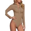 imageLYANER Womens Rib Knit Collar Deep V Neck Ruched Buttons Long Sleeve Bodysuit Leotard TopKhaki