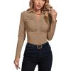 imageLYANER Womens Rib Knit Collar Deep V Neck Ruched Buttons Long Sleeve Bodysuit Leotard TopKhaki