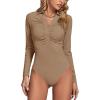 imageLYANER Womens Rib Knit Collar Deep V Neck Ruched Buttons Long Sleeve Bodysuit Leotard TopKhaki