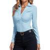 imageLYANER Womens Rib Knit Collar Deep V Neck Ruched Buttons Long Sleeve Bodysuit Leotard TopLight Blue