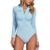 imageLYANER Womens Rib Knit Collar Deep V Neck Ruched Buttons Long Sleeve Bodysuit Leotard TopLight Blue