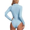imageLYANER Womens Rib Knit Collar Deep V Neck Ruched Buttons Long Sleeve Bodysuit Leotard TopLight Blue