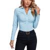 imageLYANER Womens Rib Knit Collar Deep V Neck Ruched Buttons Long Sleeve Bodysuit Leotard TopLight Blue