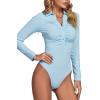 imageLYANER Womens Rib Knit Collar Deep V Neck Ruched Buttons Long Sleeve Bodysuit Leotard TopLight Blue
