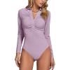 imageLYANER Womens Rib Knit Collar Deep V Neck Ruched Buttons Long Sleeve Bodysuit Leotard TopLight Purple