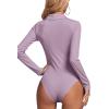 imageLYANER Womens Rib Knit Collar Deep V Neck Ruched Buttons Long Sleeve Bodysuit Leotard TopLight Purple