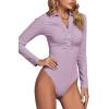 imageLYANER Womens Rib Knit Collar Deep V Neck Ruched Buttons Long Sleeve Bodysuit Leotard TopLight Purple