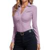 imageLYANER Womens Rib Knit Collar Deep V Neck Ruched Buttons Long Sleeve Bodysuit Leotard TopLight Purple