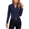 imageLYANER Womens Rib Knit Collar Deep V Neck Ruched Buttons Long Sleeve Bodysuit Leotard TopNavy