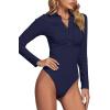 imageLYANER Womens Rib Knit Collar Deep V Neck Ruched Buttons Long Sleeve Bodysuit Leotard TopNavy