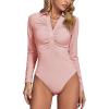imageLYANER Womens Rib Knit Collar Deep V Neck Ruched Buttons Long Sleeve Bodysuit Leotard TopPink