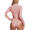 imageLYANER Womens Rib Knit Collar Deep V Neck Ruched Buttons Long Sleeve Bodysuit Leotard TopPink