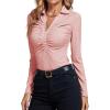 imageLYANER Womens Rib Knit Collar Deep V Neck Ruched Buttons Long Sleeve Bodysuit Leotard TopPink