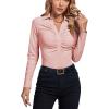 imageLYANER Womens Rib Knit Collar Deep V Neck Ruched Buttons Long Sleeve Bodysuit Leotard TopPink