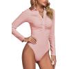 imageLYANER Womens Rib Knit Collar Deep V Neck Ruched Buttons Long Sleeve Bodysuit Leotard TopPink