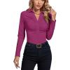 imageLYANER Womens Rib Knit Collar Deep V Neck Ruched Buttons Long Sleeve Bodysuit Leotard TopRose