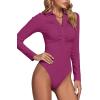 imageLYANER Womens Rib Knit Collar Deep V Neck Ruched Buttons Long Sleeve Bodysuit Leotard TopRose