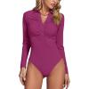 imageLYANER Womens Rib Knit Collar Deep V Neck Ruched Buttons Long Sleeve Bodysuit Leotard TopRose