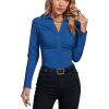 imageLYANER Womens Rib Knit Collar Deep V Neck Ruched Buttons Long Sleeve Bodysuit Leotard TopRoyal Blue